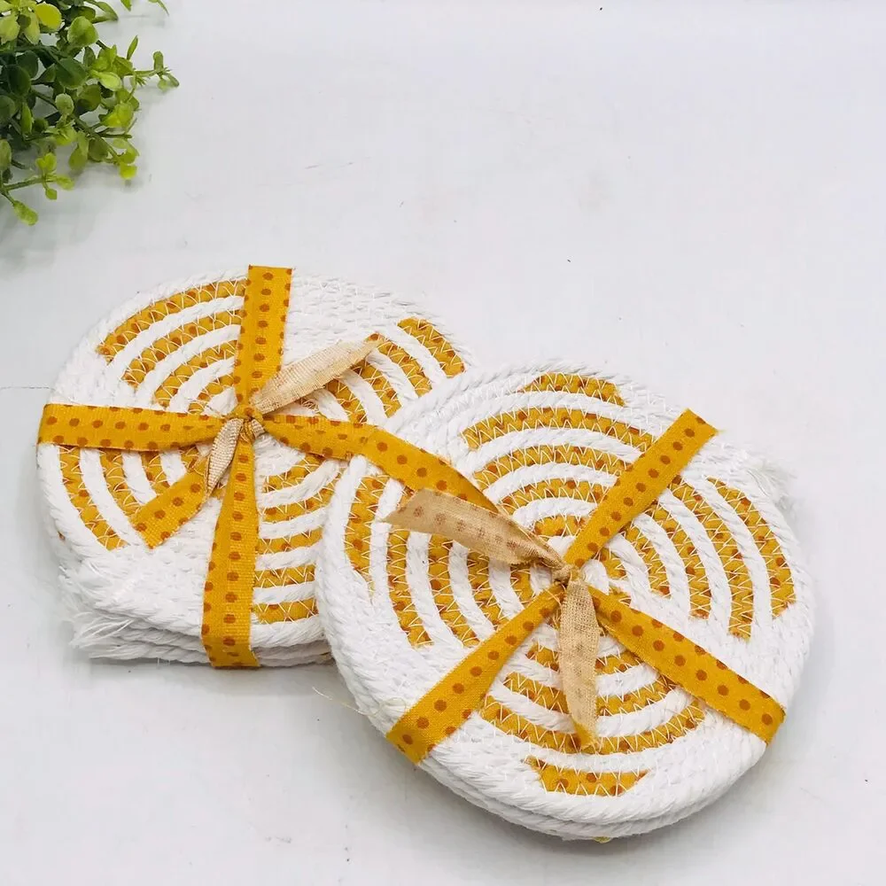 One Set of 4 Rope Coffee Coasters Cotton Fall Orange Dots Sunroom Cottage 4.25